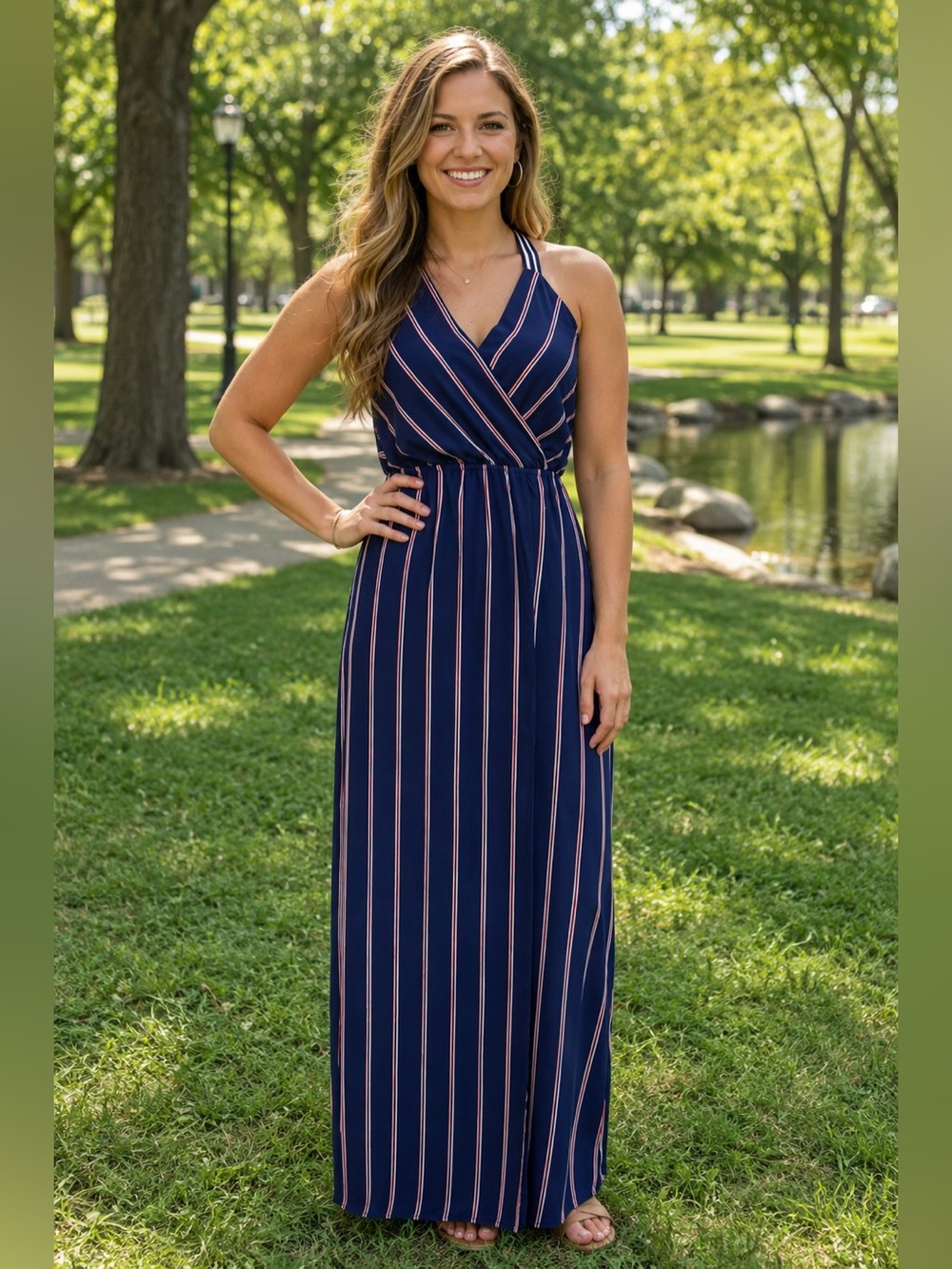Monteau Navy Maxi Dress with Red and White Stripes Sz Med